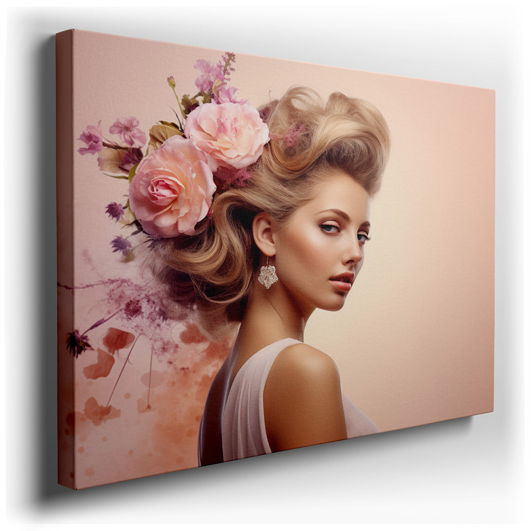 canvas print on wrapped canvas for wall decor – This enchanting wall art portrays a woman whose presence is both arresting and serenely graceful. The subject is depicte...