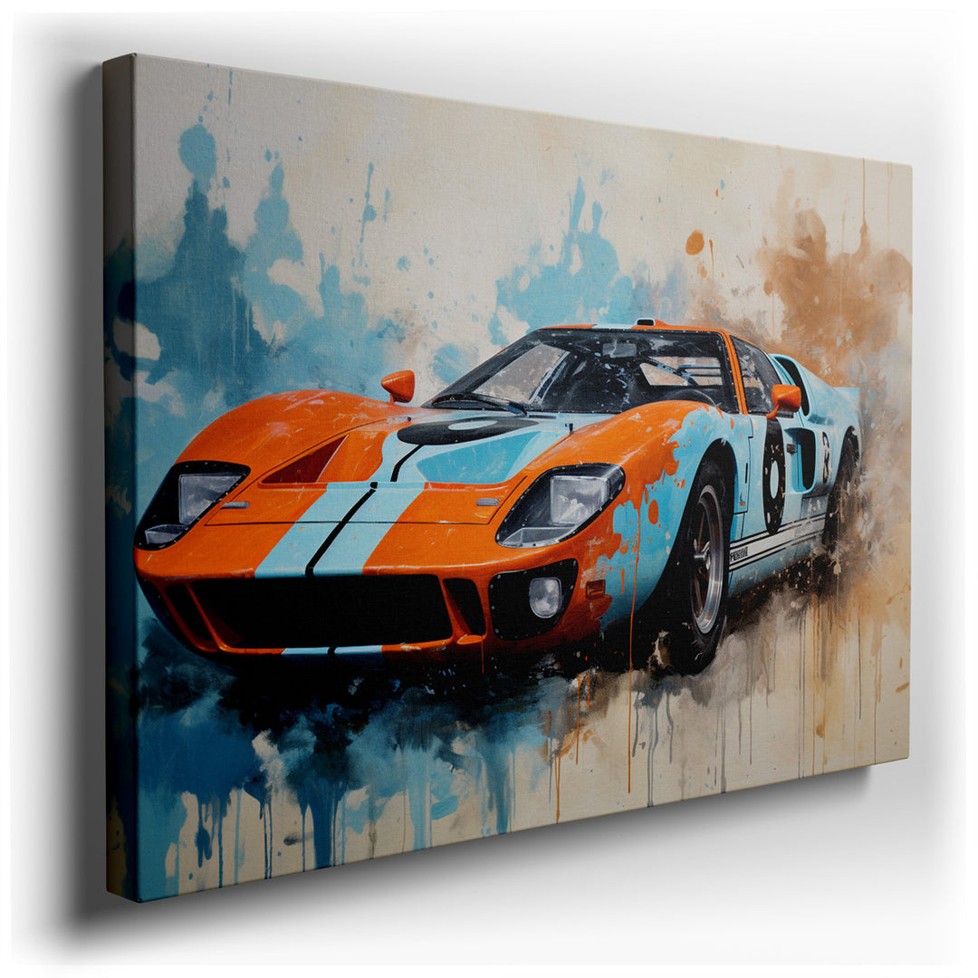 canvas print on wrapped canvas for wall decor – This wall art is a captivating portrayal of a classic vintage racing car, rendered with a vibrant palette and a touch of...