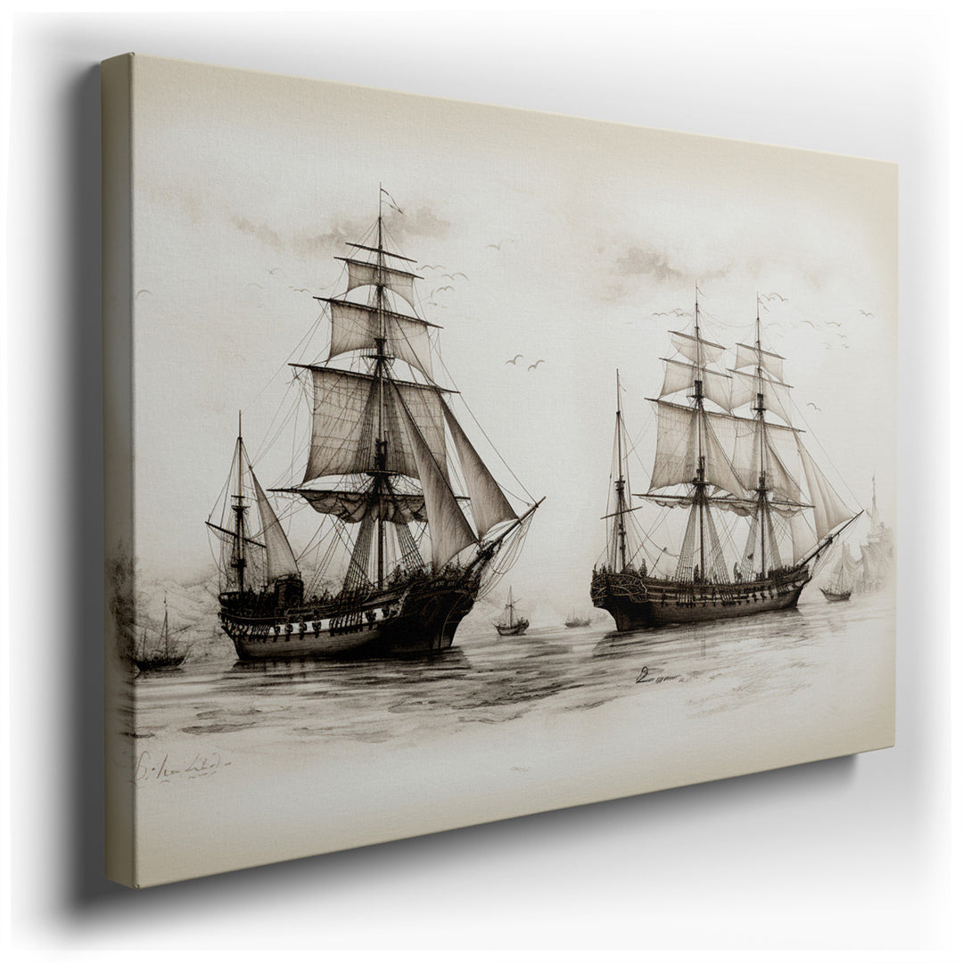 canvas print on wrapped canvas for wall decor – This exquisite wall art, a masterful depiction of maritime elegance and adventure, portrays two vintage sailing ships as...
