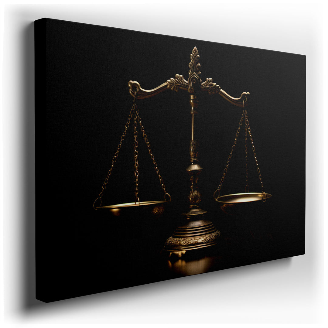 canvas print on wrapped canvas for wall decor – The wall art in question is a masterful depiction of the iconic scales of justice, an enduring symbol of the legal syste...