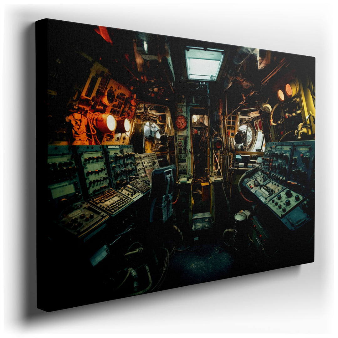 canvas print on wrapped canvas for wall decor – The wall art captures an evocative scene set within the confines of a vintage submarine control room, meticulously detai...