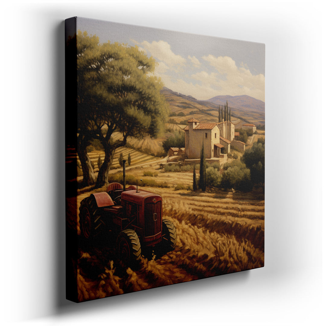 canvas print on wrapped canvas for wall decor – This exquisite wall art, a masterful depiction of a vintage tractor set against a bucolic backdrop, is a celebration of...