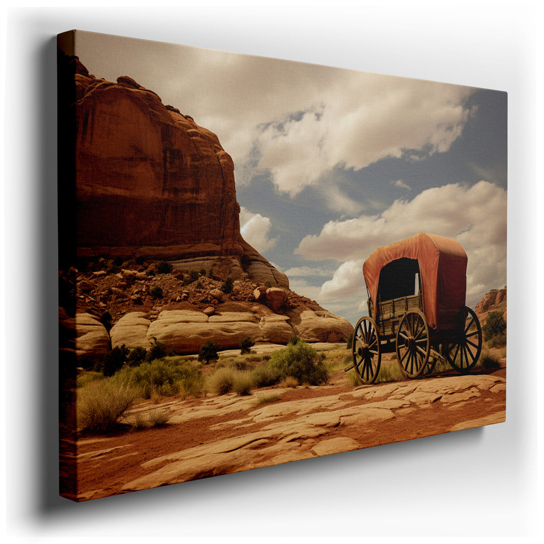 canvas print on wrapped canvas for wall decor – This wall art, a masterful depiction of a vintage wagon resting in a scenic desert landscape, is a true homage to the sp...