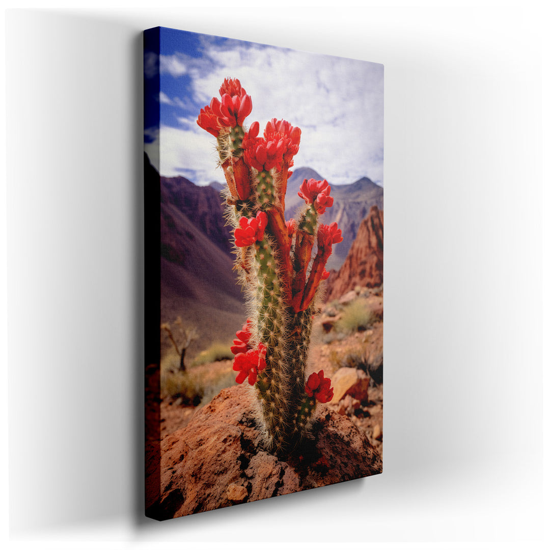 canvas print on wrapped canvas for wall decor – This wall art, a masterful depiction of nature's rugged beauty, portrays a vibrant red flowering cactus standing boldly...
