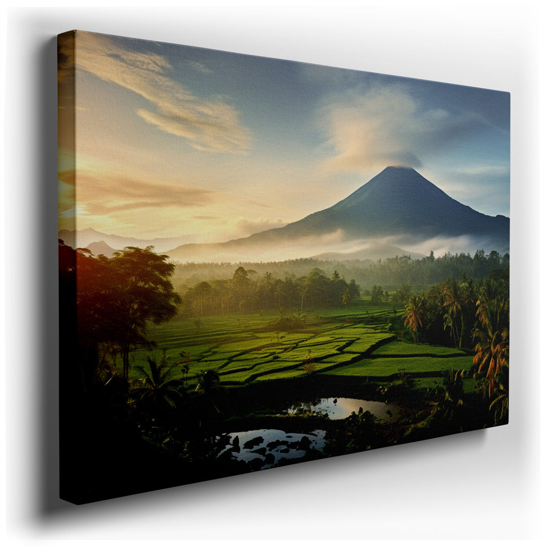 canvas print on wrapped canvas for wall decor – This wall art captures a serene and majestic view of a towering volcano, surrounded by a lush, verdant landscape at the...