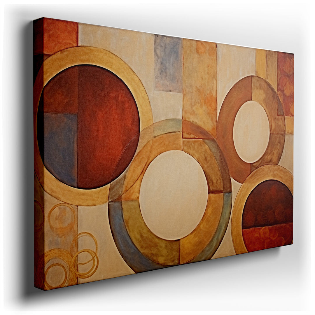 canvas print on wrapped canvas for wall decor – This captivating abstract wall art is a masterful composition of interlocking circles, rendered in a palette of warm, ea...