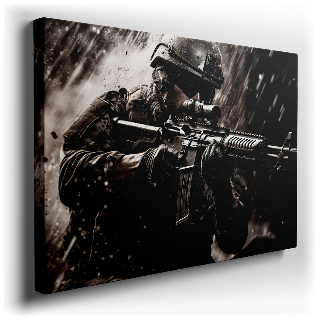 canvas print on wrapped canvas for wall decor – This wall art, a masterful depiction of a soldier in the throes of combat, is an evocative piece that captures the inten...