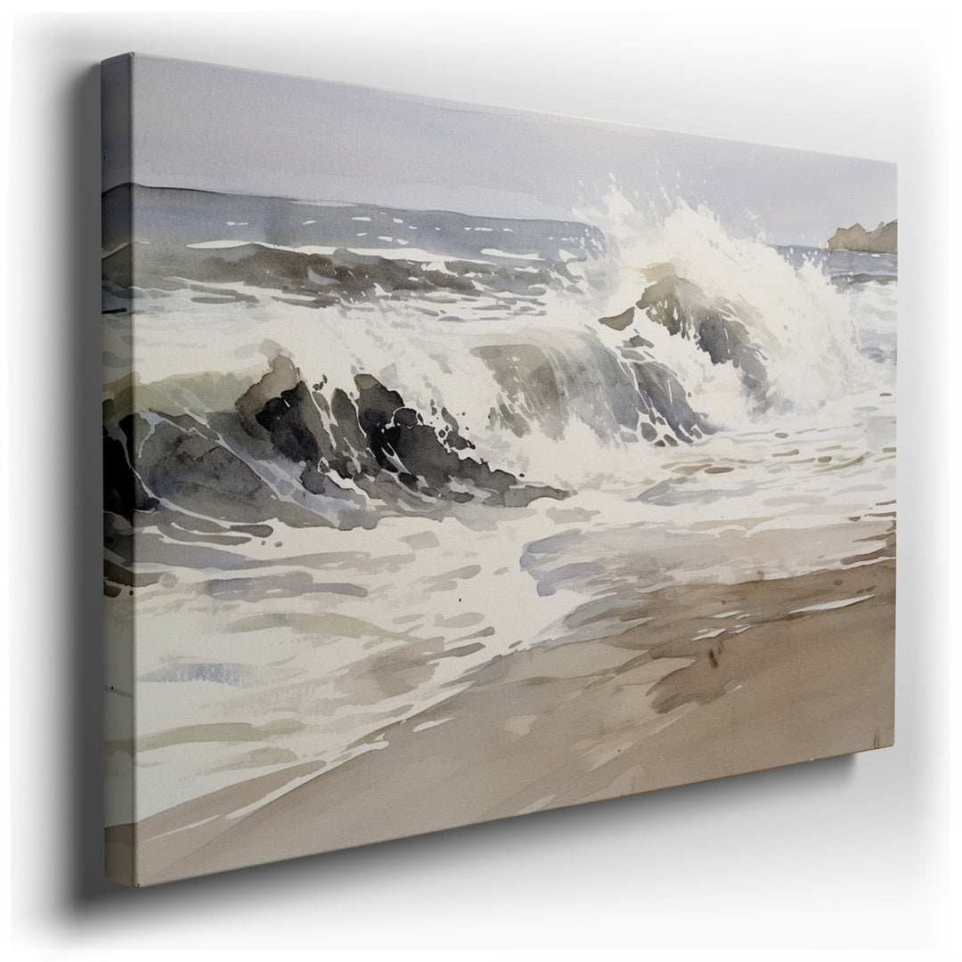 canvas print on wrapped canvas for wall decor – This exquisite watercolor wall art captures the mesmerizing spectacle of dynamic ocean waves as they crash against a san...