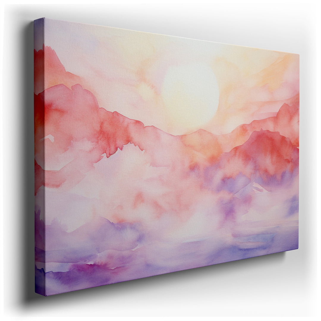 canvas print on wrapped canvas for wall decor – This exquisite watercolor wall art masterfully captures the ethereal beauty of a sunset, rendered in a palette of soft,...