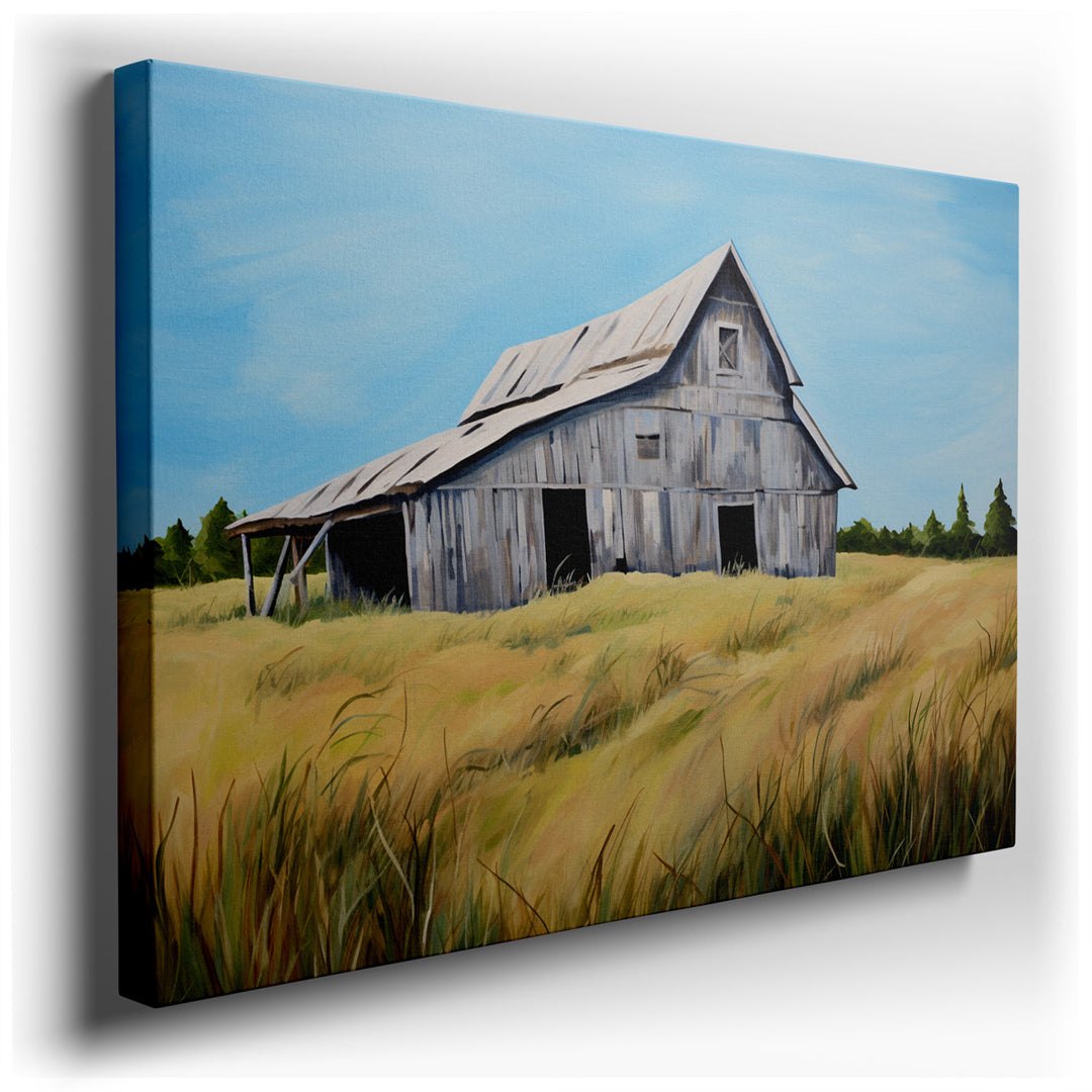 canvas print on wrapped canvas for wall decor – This wall art, a masterful depiction of a weathered barn set against the backdrop of expansive golden fields, embodies t...
