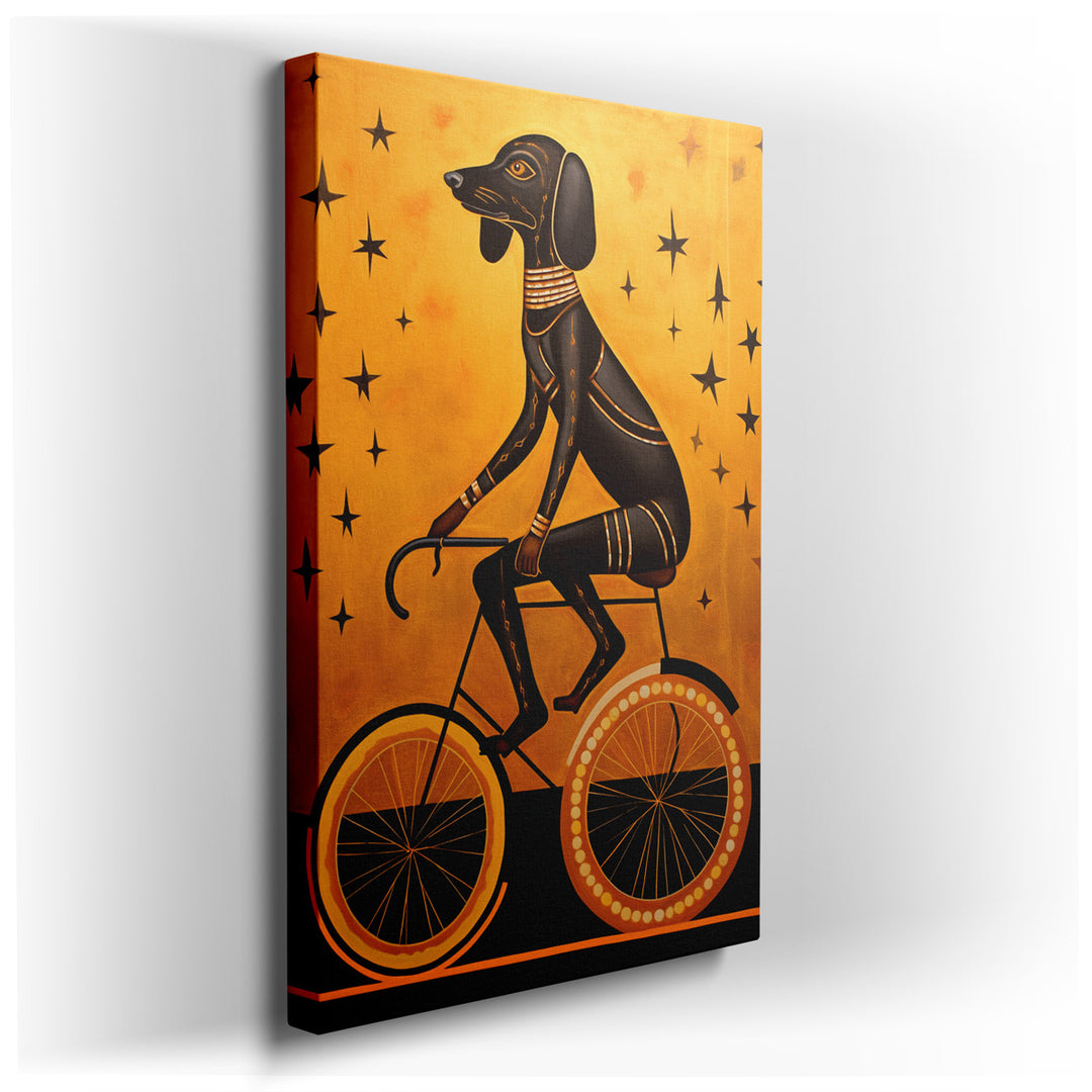 canvas print on wrapped canvas for wall decor – This wall art, a captivating and whimsical piece, features a stylized black dog energetically pedaling on a bicycle. The...