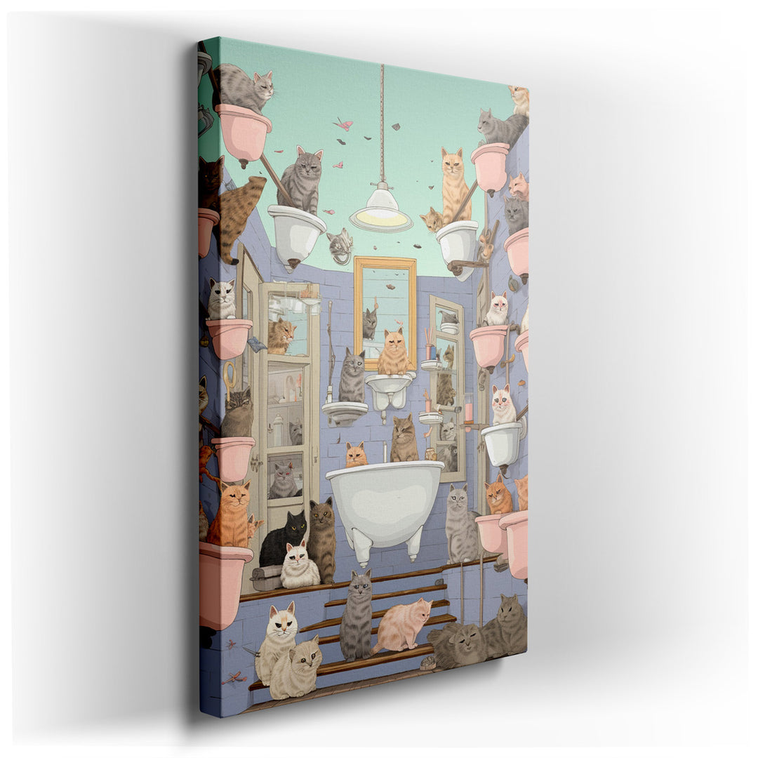 canvas print on wrapped canvas for wall decor – This delightful wall art captures a whimsical and somewhat chaotic scene set in a charmingly disarrayed bathroom, where...