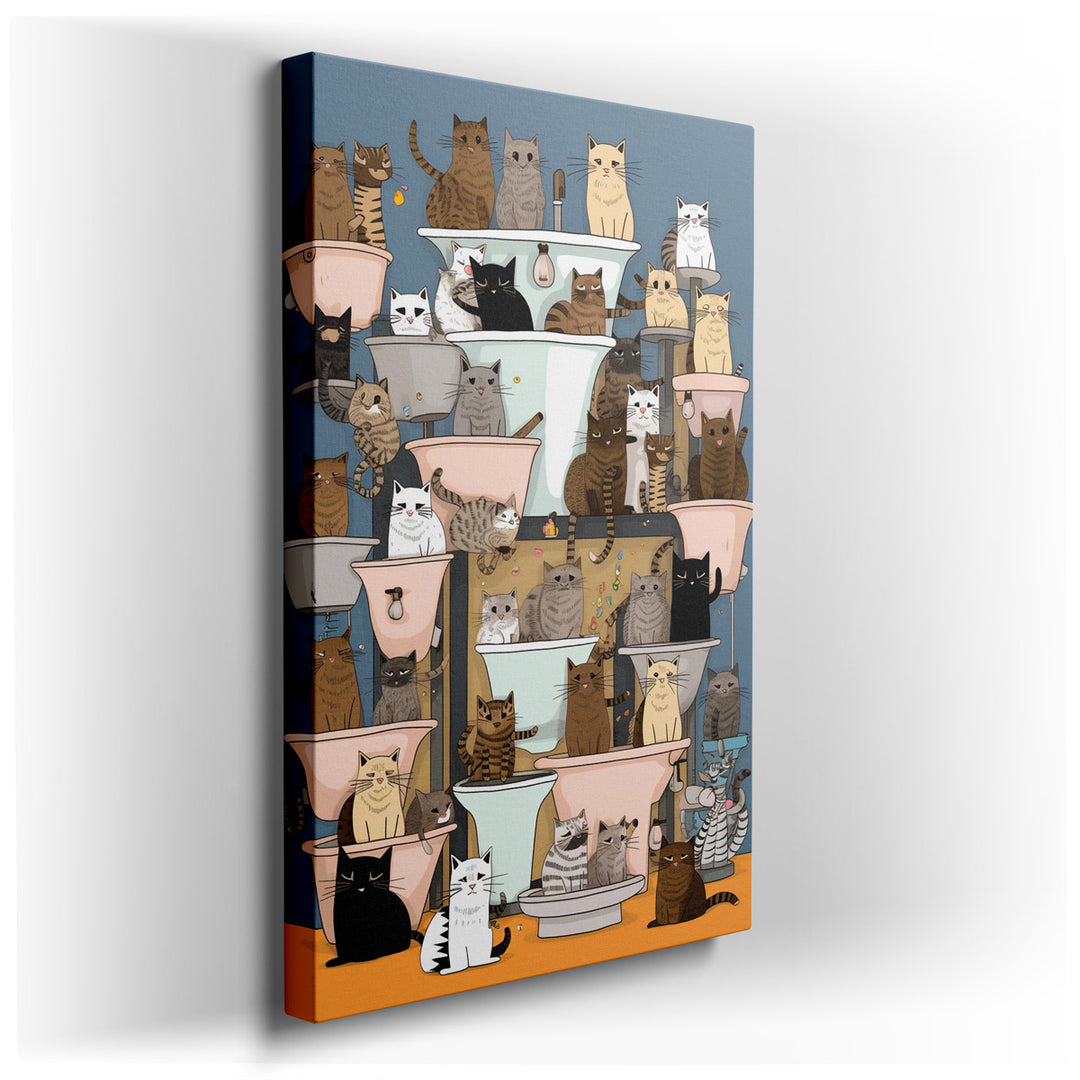 canvas print on wrapped canvas for wall decor – This enchanting wall art captures a whimsical and vibrant scene set within the confines of a bustling bathroom, where a...