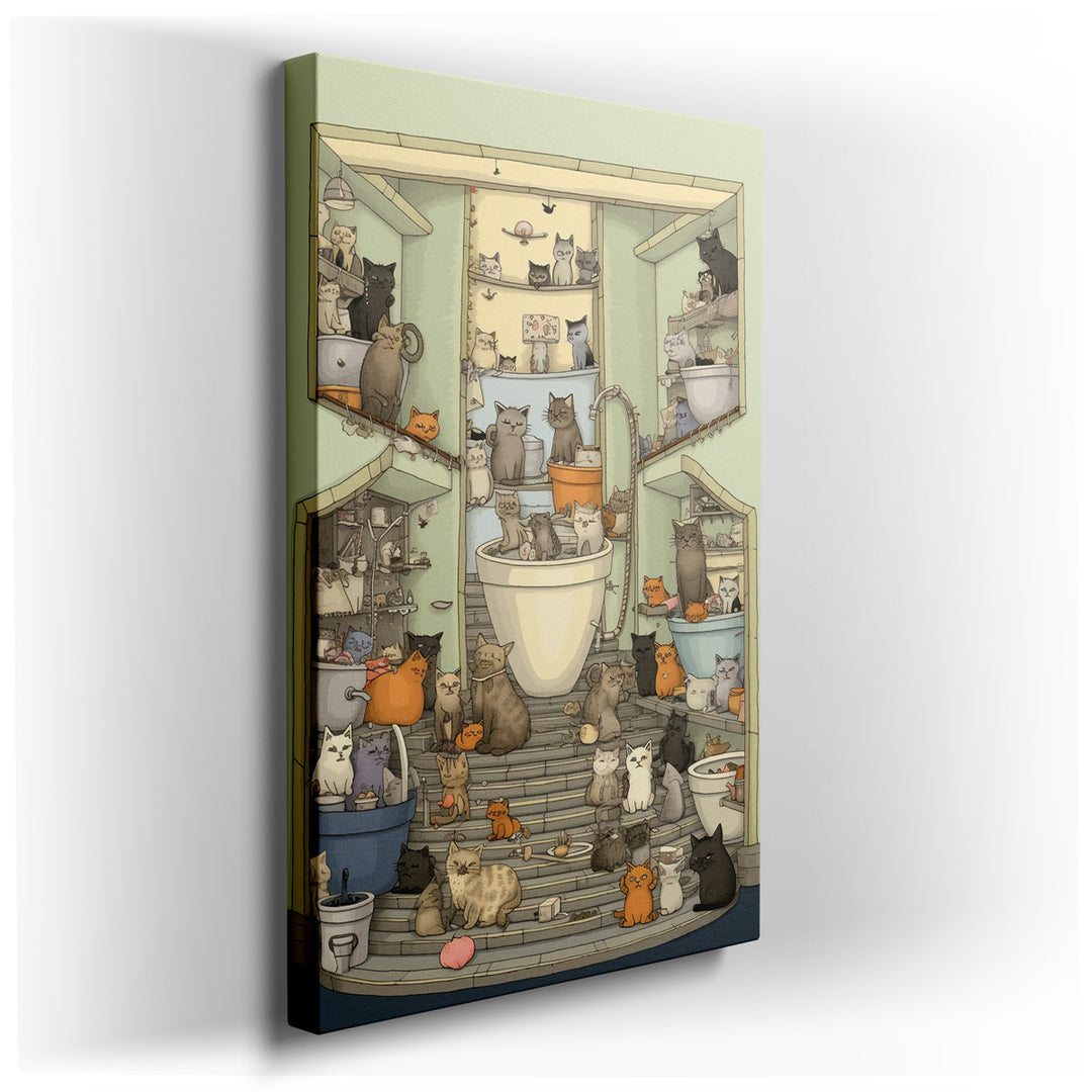 canvas print on wrapped canvas for wall decor – This delightful wall art presents a whimsical scene set in a bustling bathroom, teeming with a variety of playful cats e...