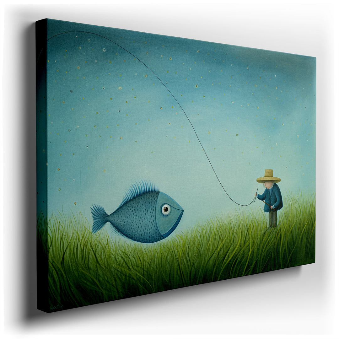 canvas print on wrapped canvas for wall decor – This enchanting wall art captures the essence of a whimsical fishing scenario, where the boundaries between reality and...