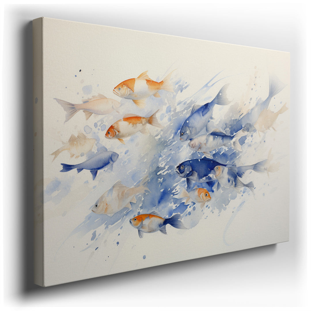 canvas print on wrapped canvas for wall decor – This enchanting wall art captures the whimsical beauty of goldfish frolicking in a sea of abstract waves, painted in a m...