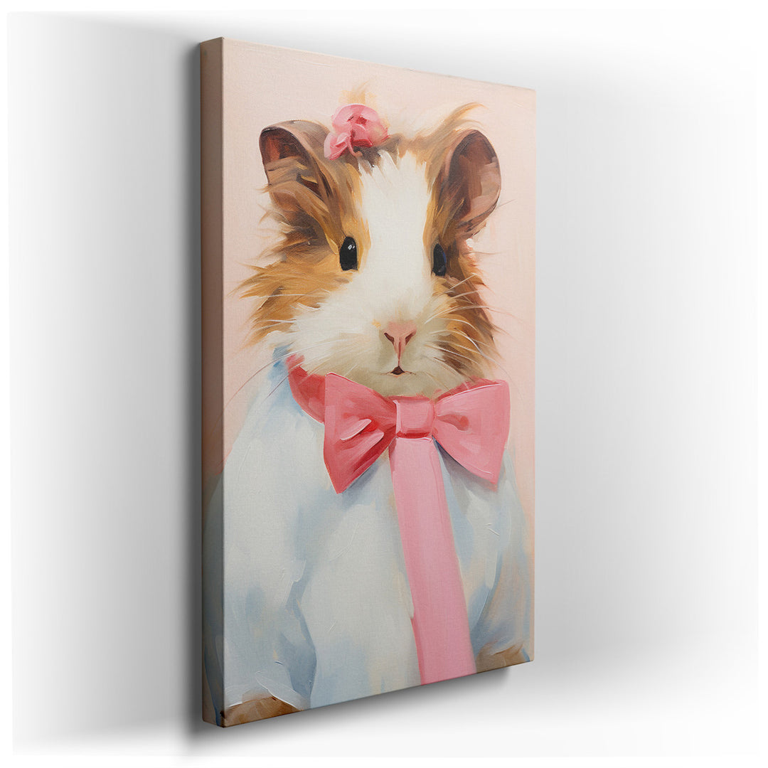 canvas print on wrapped canvas for wall decor – This delightful wall art captures the essence of whimsy and innocence, featuring a charming guinea pig adorned in a love...