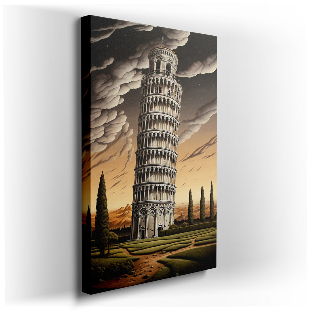 canvas print on wrapped canvas for wall decor – This wall art, an imaginative portrayal of the Leaning Tower of Pisa, offers a fantastical twist on one of the world's m...