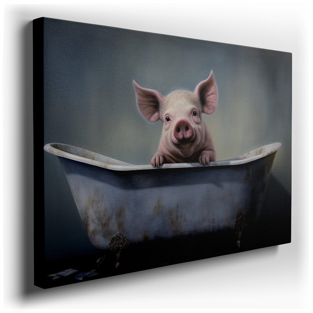 canvas print on wrapped canvas for wall decor – This enchanting wall art captures the delightful scene of a charming piglet peeking over the edge of a vintage bathtub,...