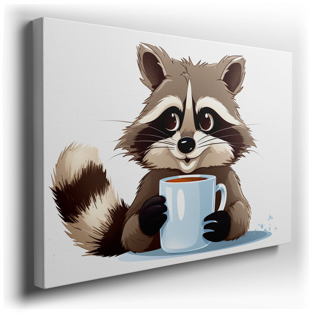 canvas print on wrapped canvas for wall decor – This delightful wall art captures the essence of whimsy and charm through its depiction of a cartoon raccoon enjoying a...
