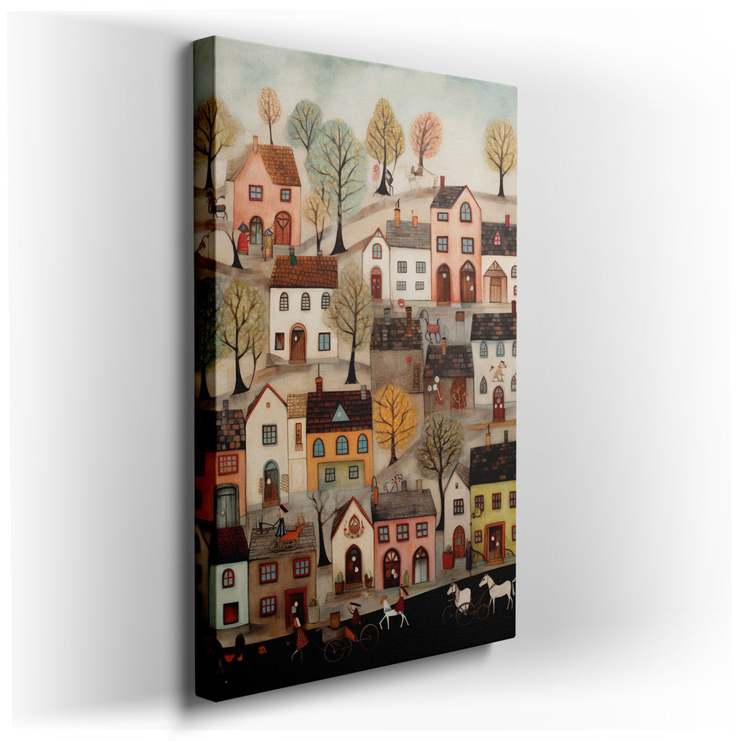 canvas print on wrapped canvas for wall decor – This enchanting wall art captures the essence of a quaint village, brimming with life and color, and is an ideal piece t...