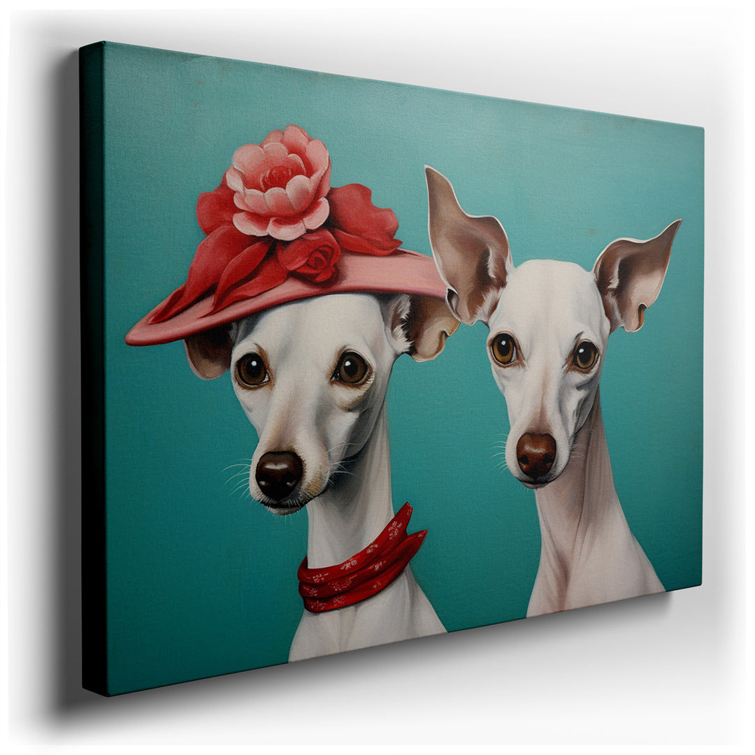 canvas print on wrapped canvas for wall decor – This enchanting wall art captures the whimsical charm of two whippets, each adorned with fashionable hats that add a tou...