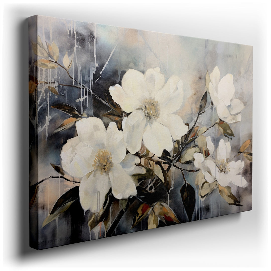 canvas print on wrapped canvas for wall decor – This exquisite wall art, a masterful depiction of white magnolia flowers, offers a visual retreat into the serene and th...