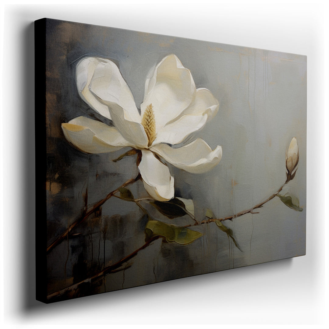 canvas print on wrapped canvas for wall decor – This exquisite wall art captures the ethereal beauty of a white magnolia flower, rendered with such finesse that it seem...