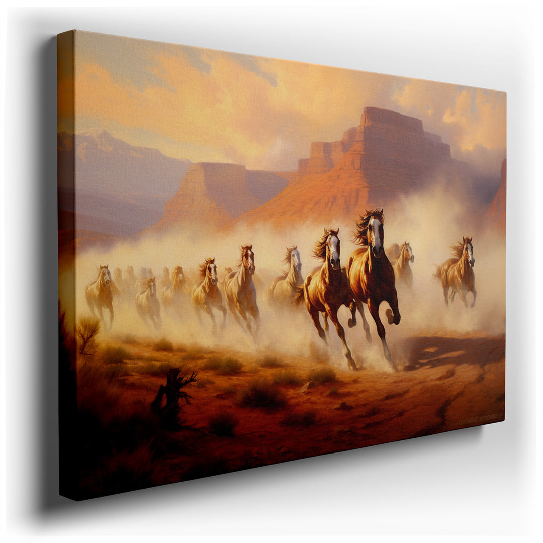 canvas print on wrapped canvas for wall decor – This captivating wall art portrays a dynamic scene of wild horses galloping with unrestrained vigor through a majestic c...