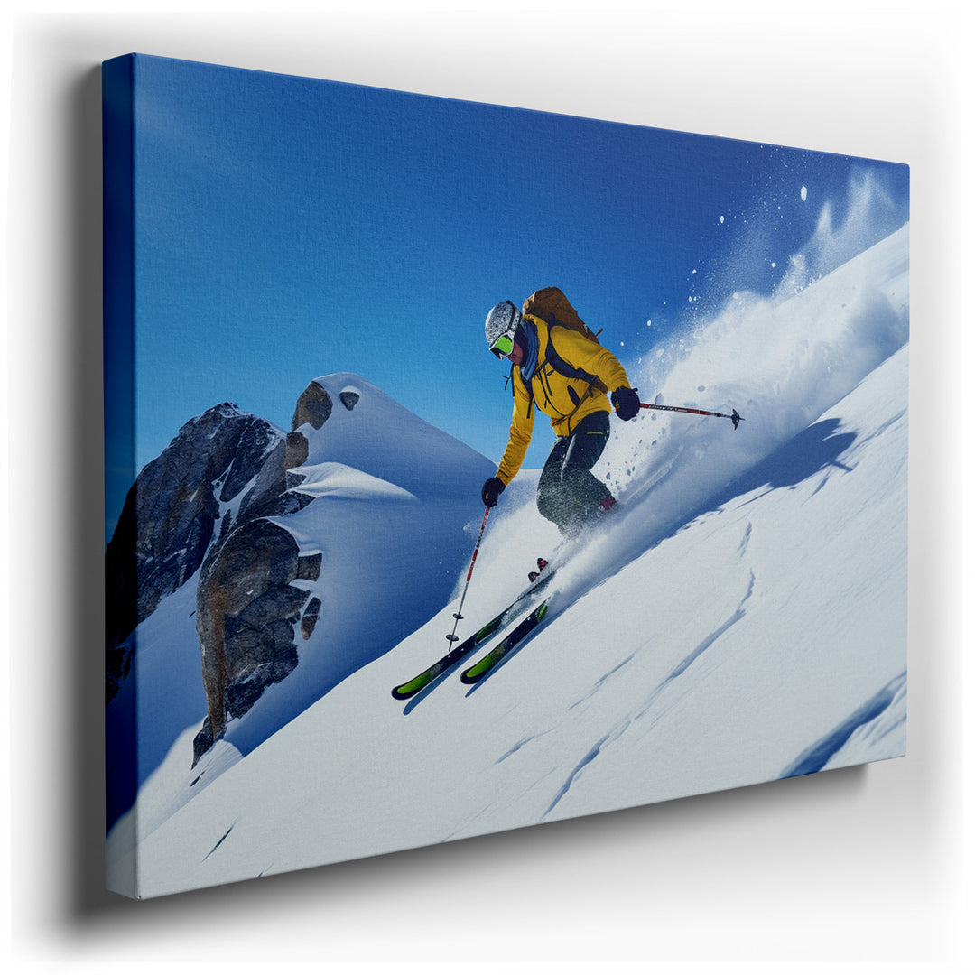 canvas print on wrapped canvas for wall decor – This wall art captures the exhilarating essence of winter sports through the dynamic depiction of a skilled skier slicin...