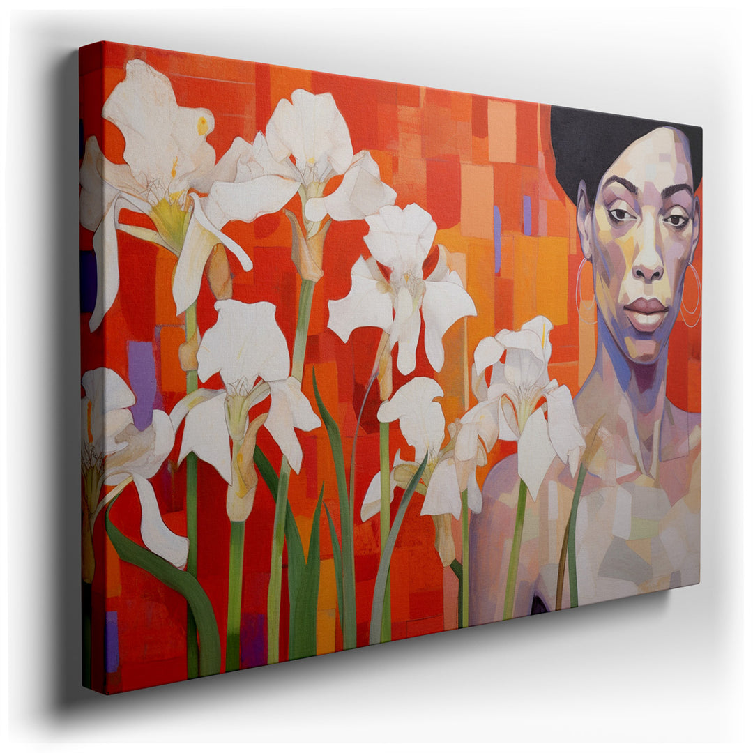 canvas print on wrapped canvas for wall decor – This captivating wall art, a masterful blend of vivid colors and expressive forms, portrays a woman enveloped by a sea o...