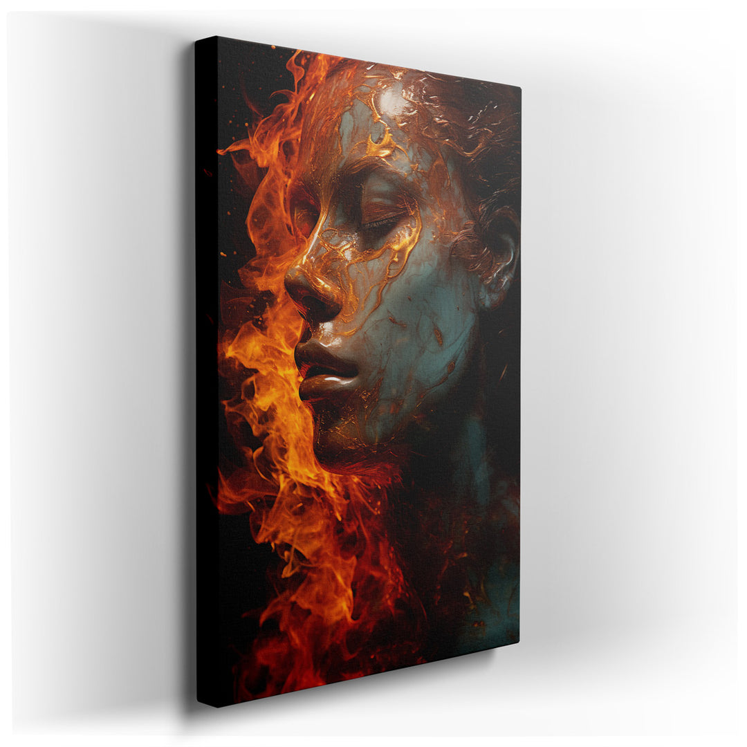 canvas print on wrapped canvas for wall decor – This wall art, a vivid and evocative portrayal of a woman's profile set against a backdrop of engulfing flames, is a mas...