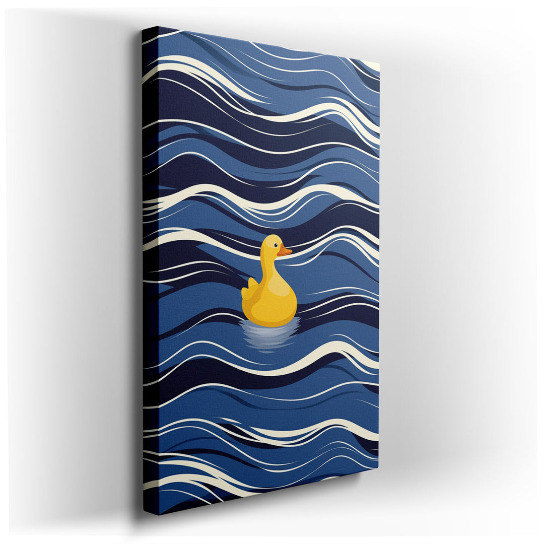 canvas print on wrapped canvas for wall decor – This delightful wall art captures the essence of joy and serenity through the depiction of a cheerful yellow rubber duck...