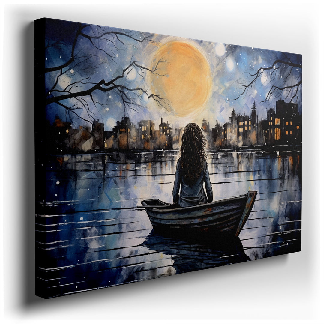 canvas print on wrapped canvas for wall decor – This wall art captures a serene and contemplative moment, portraying a young girl seated in a small boat, her gaze fixed...