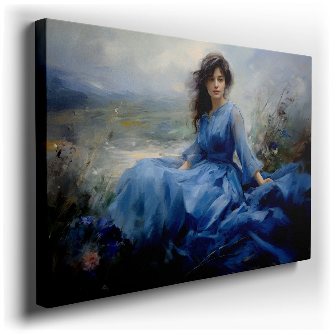 canvas print on wrapped canvas for wall decor – This enchanting wall art portrays a graceful young woman, dressed in a flowing blue gown, seated amidst a lush, blooming...
