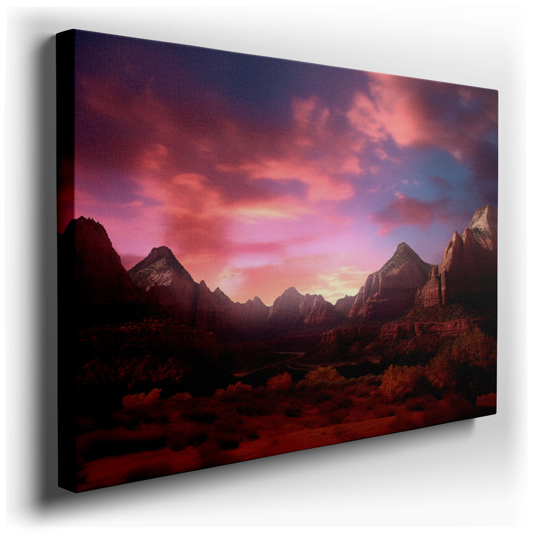 canvas print on wrapped canvas for wall decor – This exquisite wall art captures the awe-inspiring beauty of Zion National Park at sunset, a moment when nature's artist...