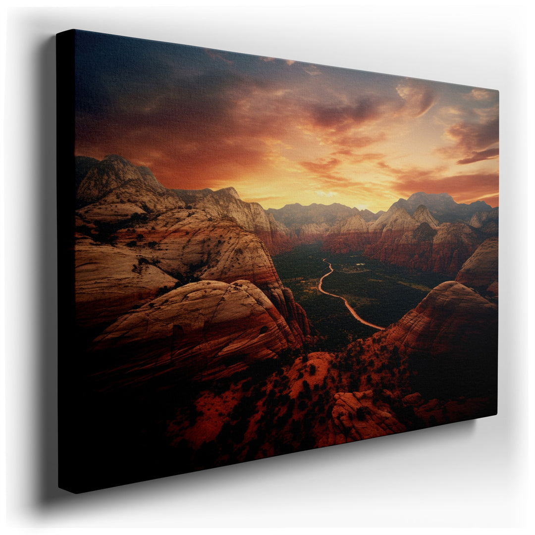 canvas print on wrapped canvas for wall decor – This wall art, a mesmerizing aerial depiction of Zion National Park at sunset, is a masterpiece that captures the essenc...